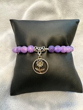 Purple Beaded Sunflower Charm Bracelet - Unbranded